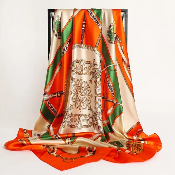 Luxury 90×90cm Silk Scarf for Women – Designer Print Satin Square Hijab, Headband, Shawl, Neck Scarf - Image 4