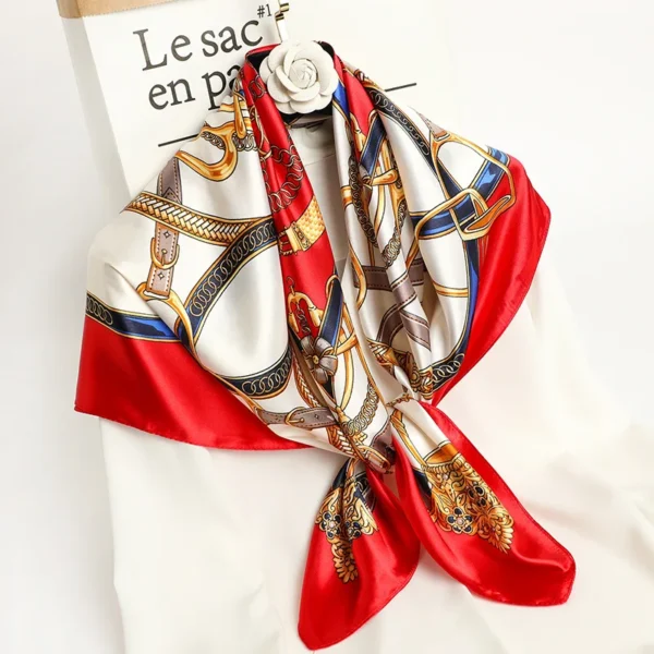 Luxury 90×90cm Silk Scarf for Women – Designer Print Satin Square Hijab, Headband, Shawl, Neck Scarf - Image 6