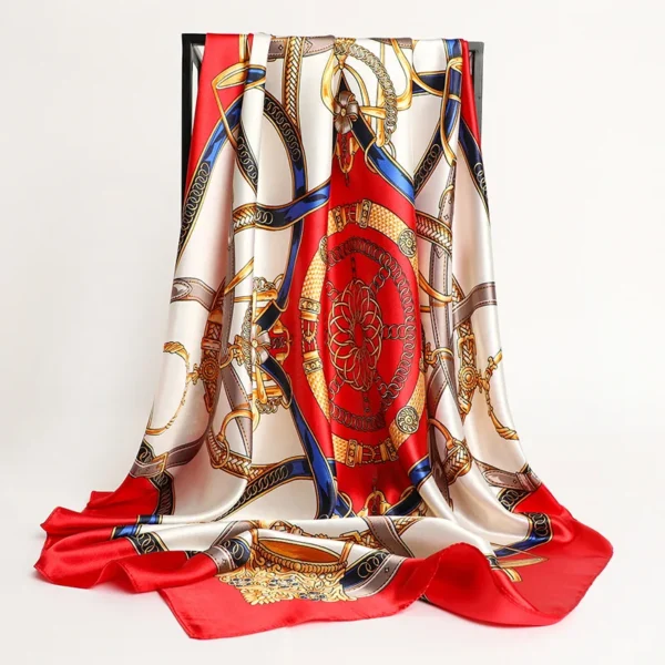 Luxury 90×90cm Silk Scarf for Women – Designer Print Satin Square Hijab, Headband, Shawl, Neck Scarf - Image 3