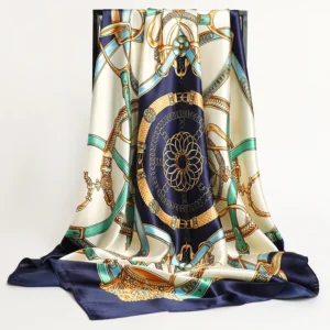 Luxury 90×90cm Silk Scarf for Women – Designer Print Satin Square Hijab, Headband, Shawl, Neck Scarf