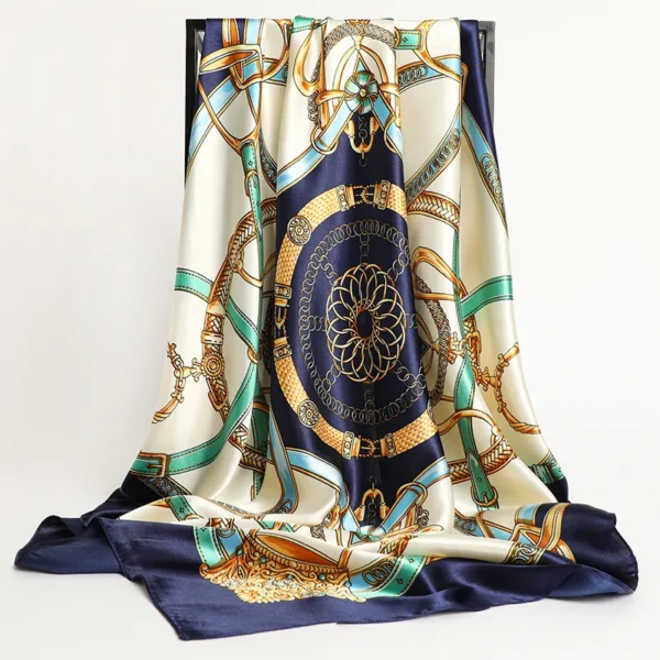 Luxury 90×90cm Silk Scarf for Women – Designer Print Satin Square Hijab, Headband, Shawl, Neck Scarf