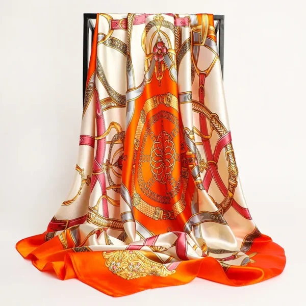 Luxury 90×90cm Silk Scarf for Women – Designer Print Satin Square Hijab, Headband, Shawl, Neck Scarf - Image 2
